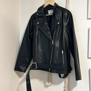 Belted faux leather motorcycle jacket
